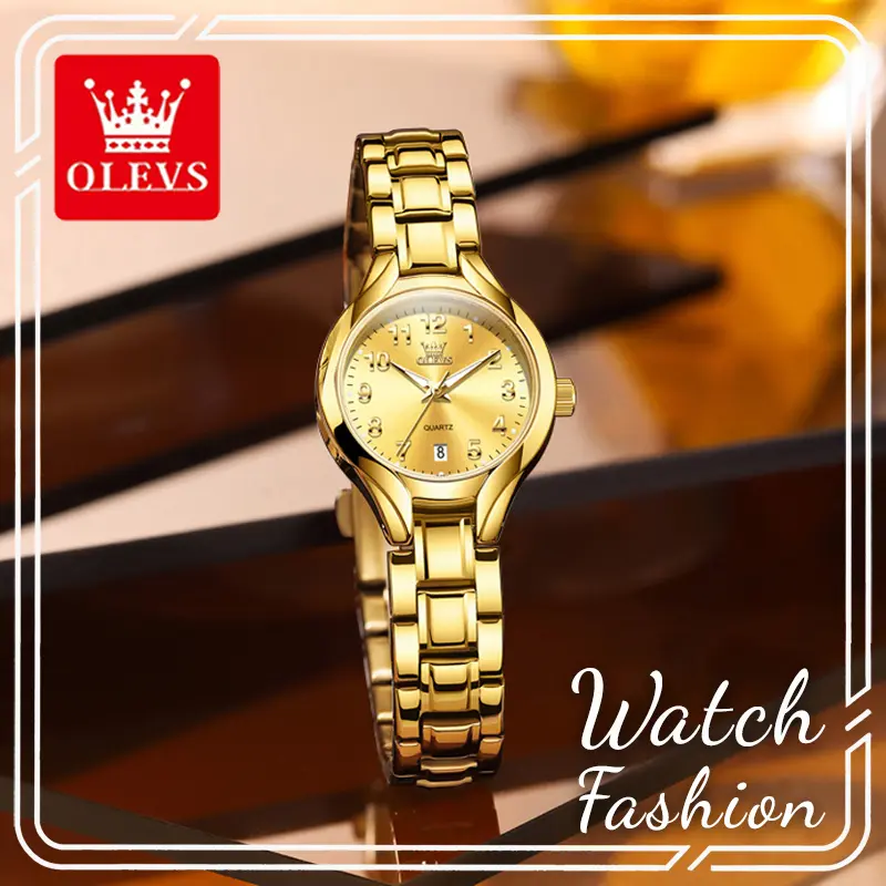 Dainty OLEVS 3650 Gold Stainless Steel Women Watch, 26mm Large Numeral Dial Date Display, Luminous Waterproof Petite Wrist Accessory for Daily Office Outfit