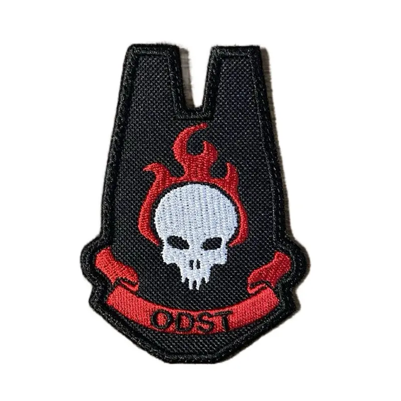 Halo ODST Embroidered Morale Patch - Iconic Skull and Flame Insignia, Red Skull Flames on Black Fabric, 2.89in x 4.06in, Sew-On Iron-On Hook-On Fastener, Collectibles for Halo Enthusiasts, Fits Jackets/Bags, Hookon Fast