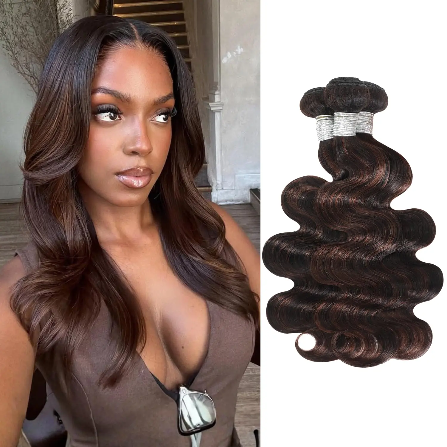 ANMETAN Brown Highlight Body Wave Single Bundle, 3 Bundles Human Hair , 12A 2-Tone #F2/4 Dark Brown with Chestnut Streaks Ombre Human Hair Bundles 100% Virgin Real Hair Wavy Weave Thick Track Sew in Remy