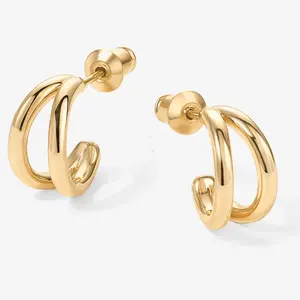 14K Gold Plated Stud Earrings, Gold Double Hoop Earrings for Women - Chunky Hoop and Half Hoop Design, Birthday Gift