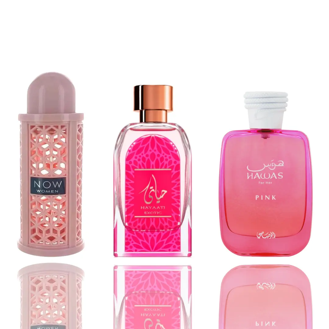 Rasasi Women's 3-Piece Fragrance Bundle Set - Floral Scents Perfume, Juicy Fruit-Flavored, Multi-Scent Jasmine-Themed Options: Hawas Pink, Now Pink, Hayaati Exotic, Juicy Women's Fragrance