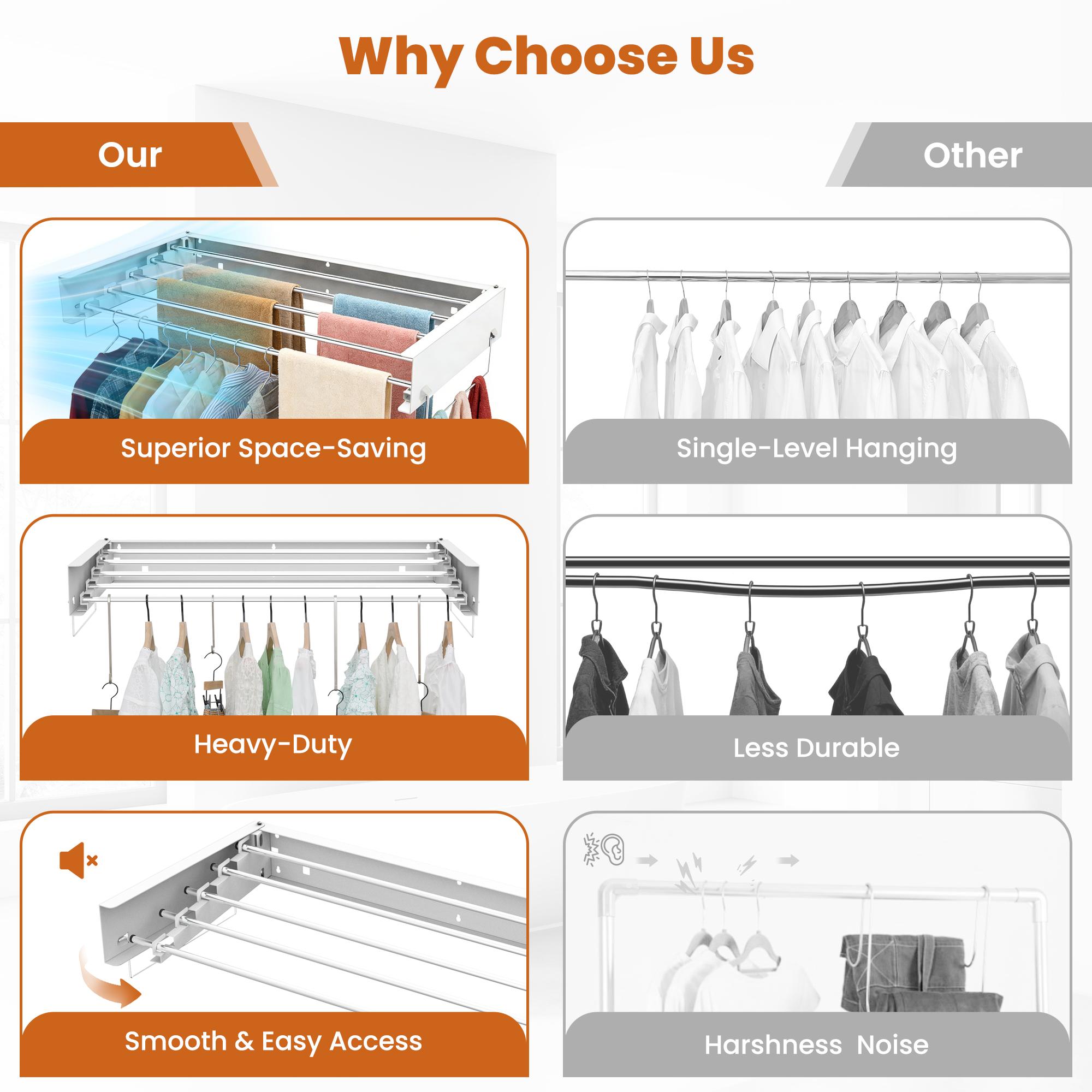 Wall-mounted clothes drying rack, foldable clothes rack, foldable hanger, with 2 towel racks and wall template, suitable for hanging clothes indoors and outdoors, 5 rods