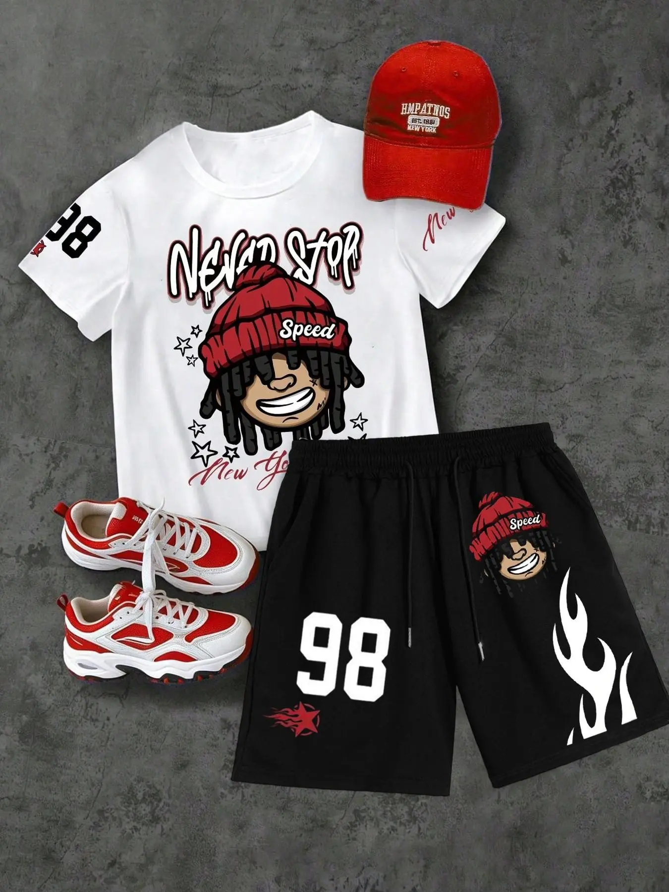 Men's Hip Hop Style Cartoon Character Round Neck T-Shirt And Shorts Set, Casual Streetwear Outfit With Flame And Number Print, Suitable For Streetwear And Daily Wear Clothes, Menswear