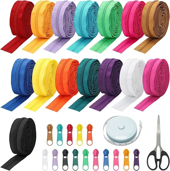 1 Set 45 Yards 15 Color Nylon Coil Zippers with 90 Pcs Pull Heads,Scissor,Ruler,Assorted Lengths Sewing Zipper for DIY Sewing Crafts Zipper Tape for Clothes,Purse Making Kit,Hand Tools Kits,summerwins