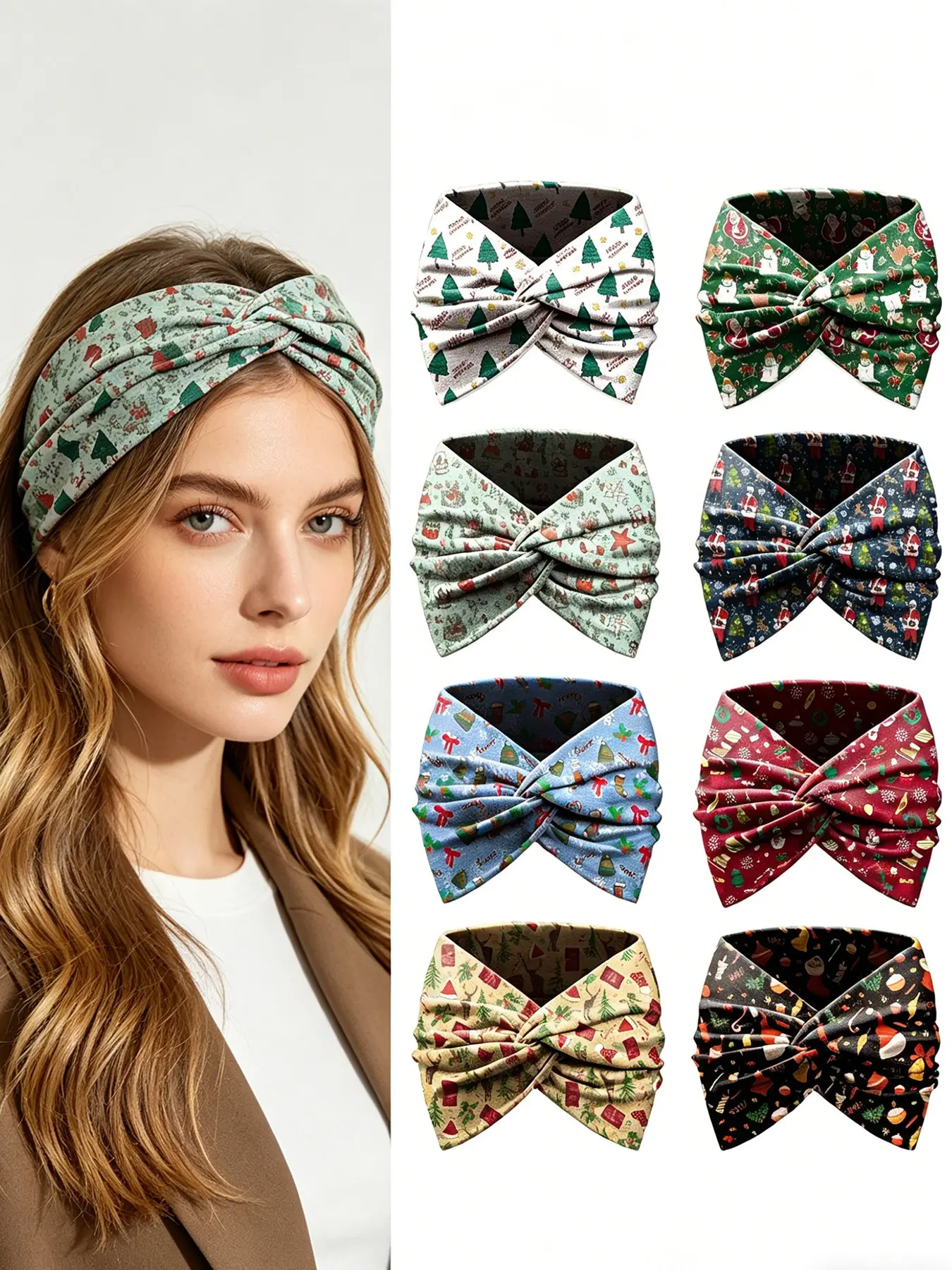 8pcs Christmas Print Hair Accessories, Fashion Cross Elastic Headbands, Training Headband, Workout Hairband, Sports Yoga Gift Set, Santa Claus Pattern, All Seasons, Holiday Headbands, Printed Cross Yoga Headband