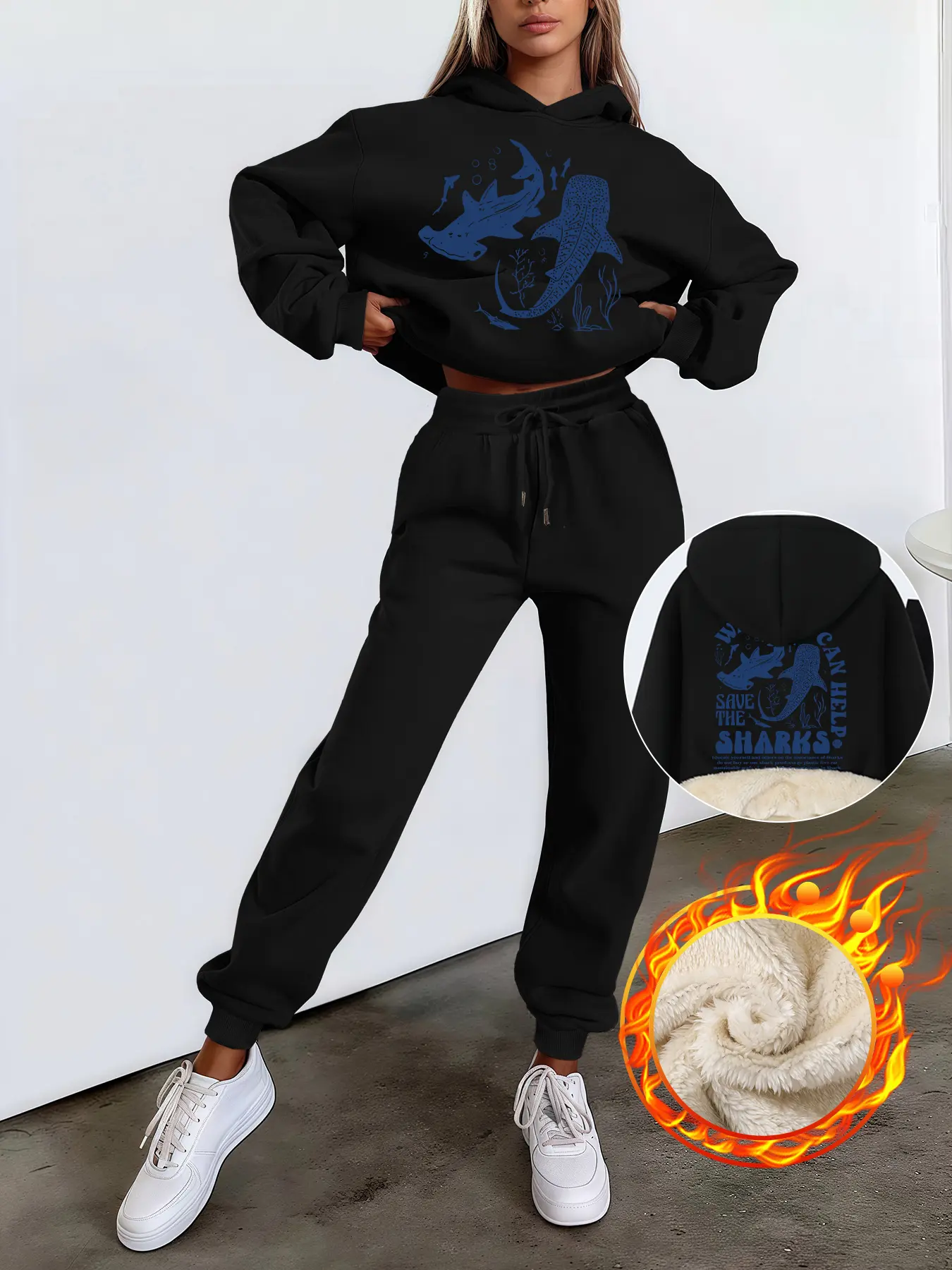 Women's Fall Winter Hoodie Sweatpants Set, Shark Animal Print & Save Sharks Slogan, Thick Fleece Lined, Casual Loose Fit, 2 Piece