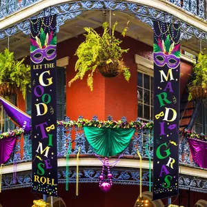 Mardi Gras Decoration Set Mardi Gras Porch Sign Welcome Banner Mardi Gras Hanging Decoration for Indoor/Outdoor Decoration Mardi Gras Masquerade Party (Black, 2 Pieces)
