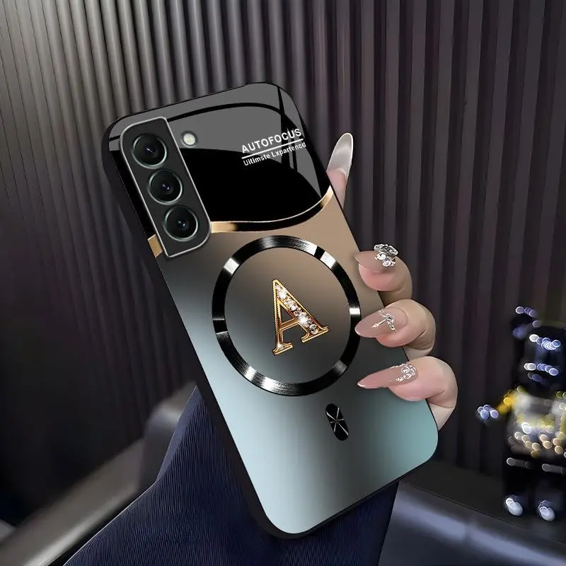 Suitable for [Galaxy S22 5g] high-end MagSafe phone case🥰, Features a magnetic attachment function Luxury Gradient Metallic Bling Rhinestone 26 Initial 952