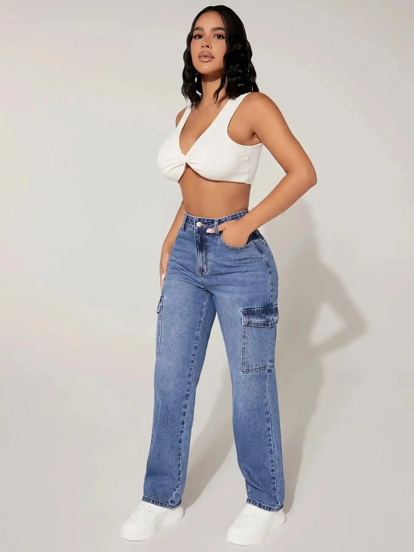 Women's Petite High Waist Cargo Denim Jeans, Rise Jean, Womenswear, for Lady, Multi-Pocket Wide Leg Straight Pants, Comfortable Fit, Fashion Design, All Seasons Wear, Fitted, Trouser minimalist bottoms