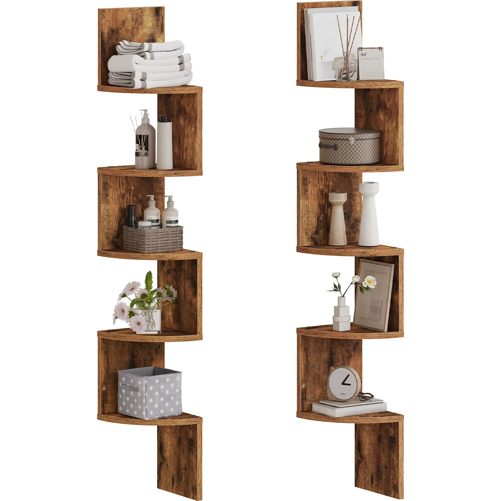 HOOBRO Corner Shelf Wall-Mounted, Set of 2 Floating Corner Shelves, 5-Tier Bookshelves for Wall Decor in Living Room, Bedroom, Bathroom, Home Office, Rustic Brown #SummerVibes