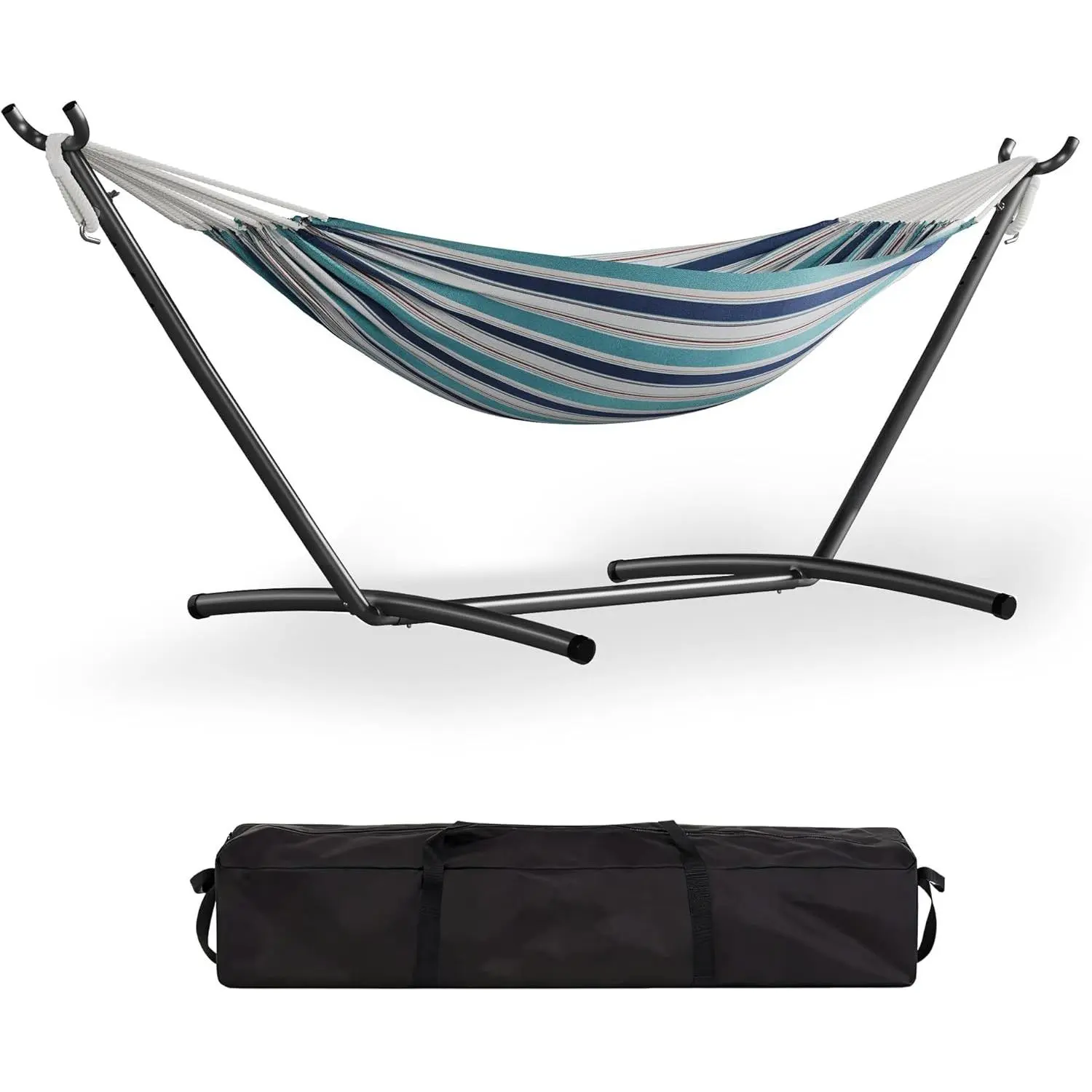 Durable Hammock with Stand - Adult 1-Person Heavy-Duty Brazilian Cotton Beach Woven Weatherready Indoor/Outdoor Swing Chair, 450lb Capacity, Breathable Weave, Gathered Ends, Tool-Free Assembly, Portable Coastal Stripes, Pack-in Carry Bag, Patio Furniture