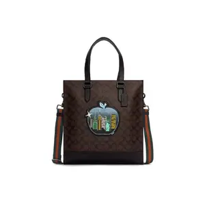 COACH Graham 35 Classic Monogram Large Vertical Leather Tote Bag for Men, Saddle Brown