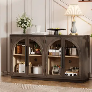 4-Door Large Storage Sideboard Buffet Cabinet with Glass Doors, Arched Cabinet with Adjustable Shelves for Kitchen, Dining Room and Living Room (Espresso)