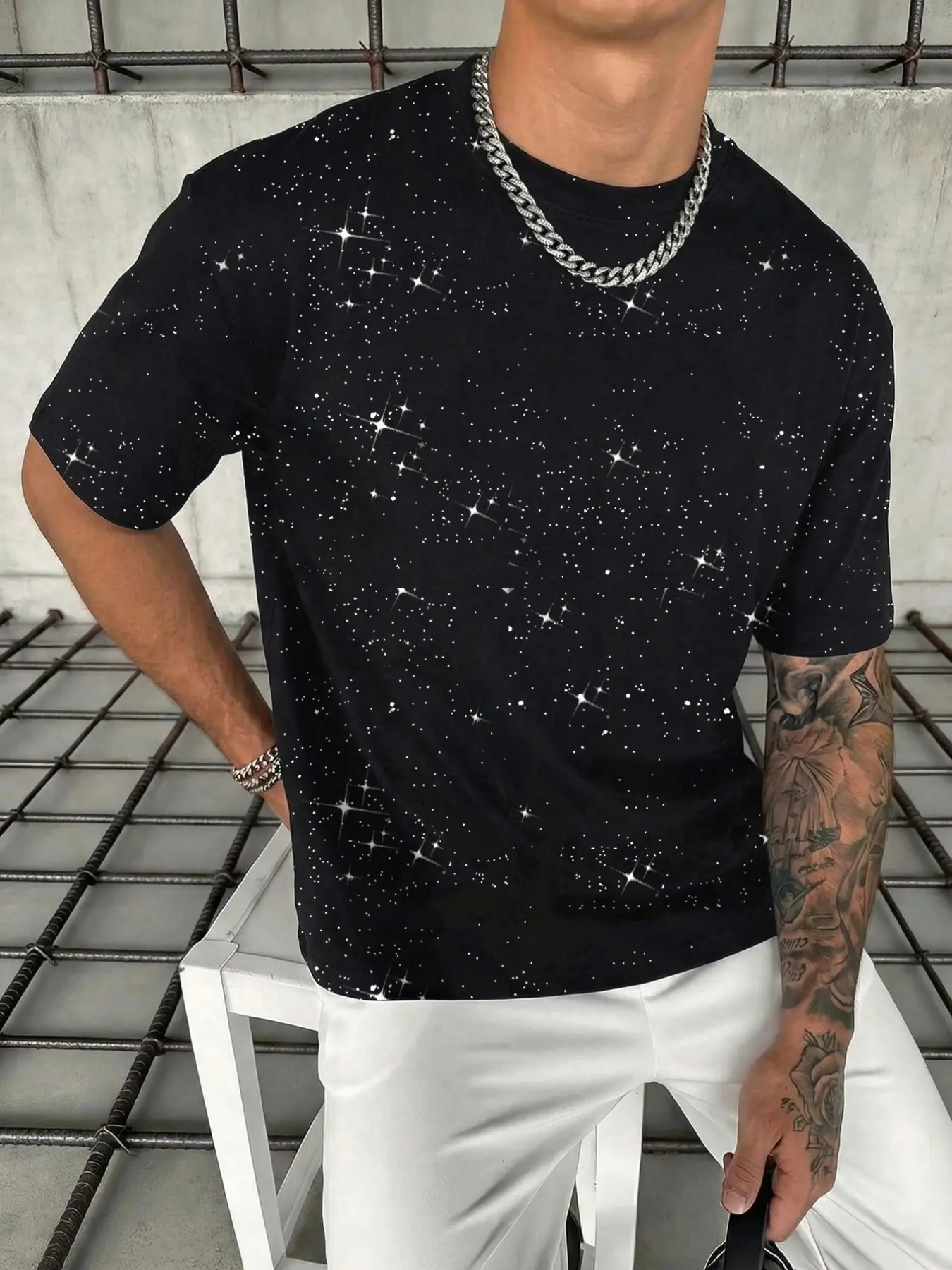 Men's short-sleeved Round Neck Plain shirt with gold sequin embellishment, relaxed drop-shoulder fit, soft and lightweight fabric, perfect for summer vacation wear, versatile for layering or wearing alone, a wardrobe essential, Casual, Streetwear