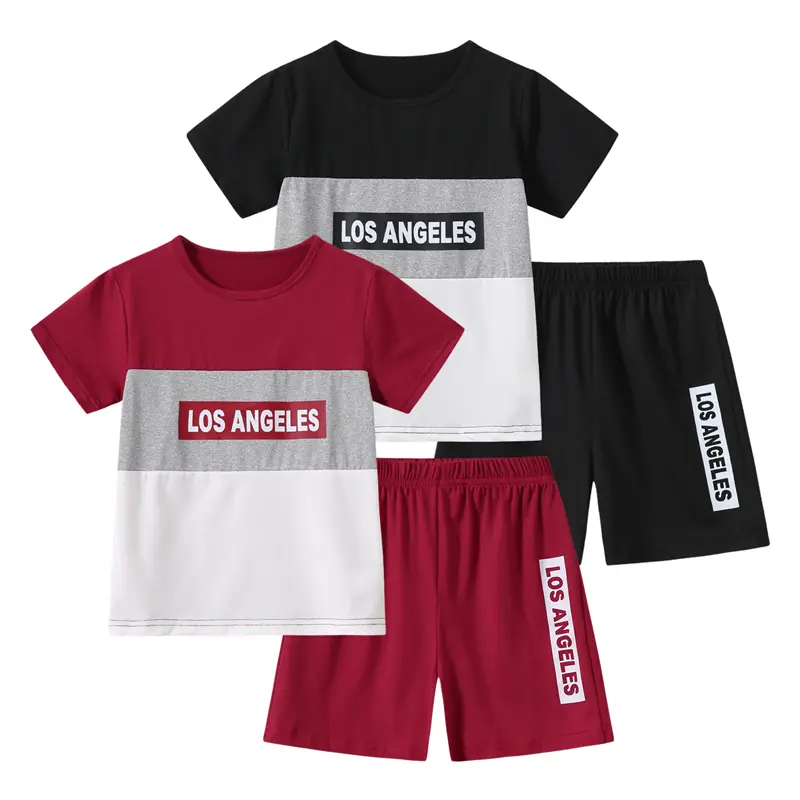 #SummerVibes 4-piece boy summer fashion breathable comfort suit children's round neck letter printed short sleeves and elastic waist shorts with letter printed summer clothes Casual