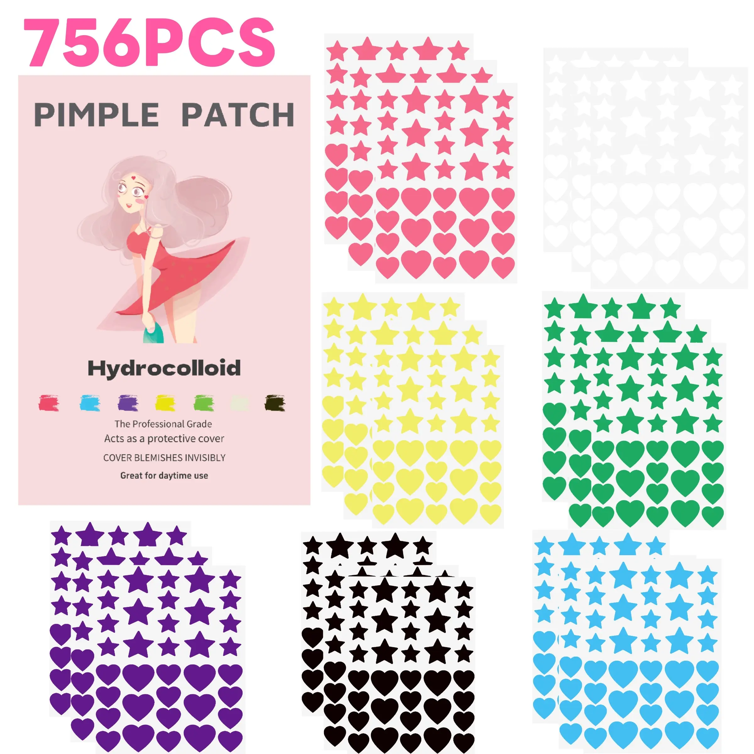 Christmas Gift 252/504/756pcs Dress Girl Large Capacity Star Heart Acne Pimple Patches, Invisible Hydrogel, Overnight Party Acne Care, Blemish Barrier Patches