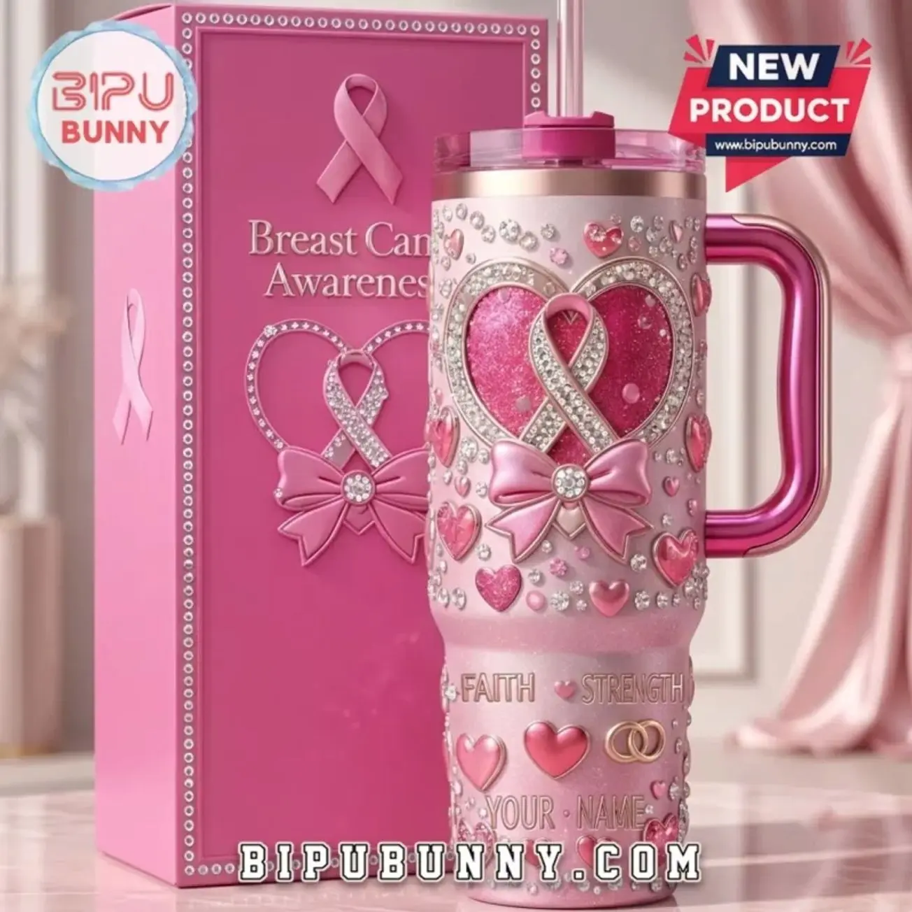 Custom Breast Cancer Awareness Rhinestone Stanley Tumbler