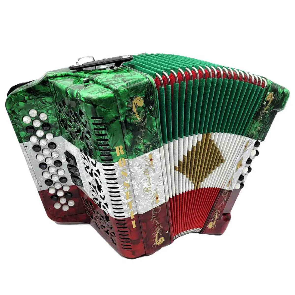 Rossetti 3412-GCF-RWG 3-Row Diatonic Accordion with 34 Melody & 12 Bass Buttons 3 Switches Italian Style Decorations Red White Green
