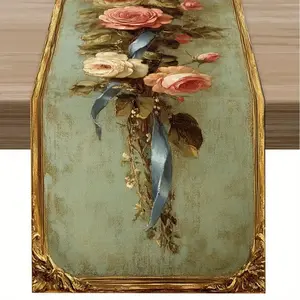 1 elegant floral print table flag - pink roses, green plants and gold - luxurious wedding, banquet, home dining table decoration, retro floral print center decoration, classic and exquisite design, banquet center decoration, event planning