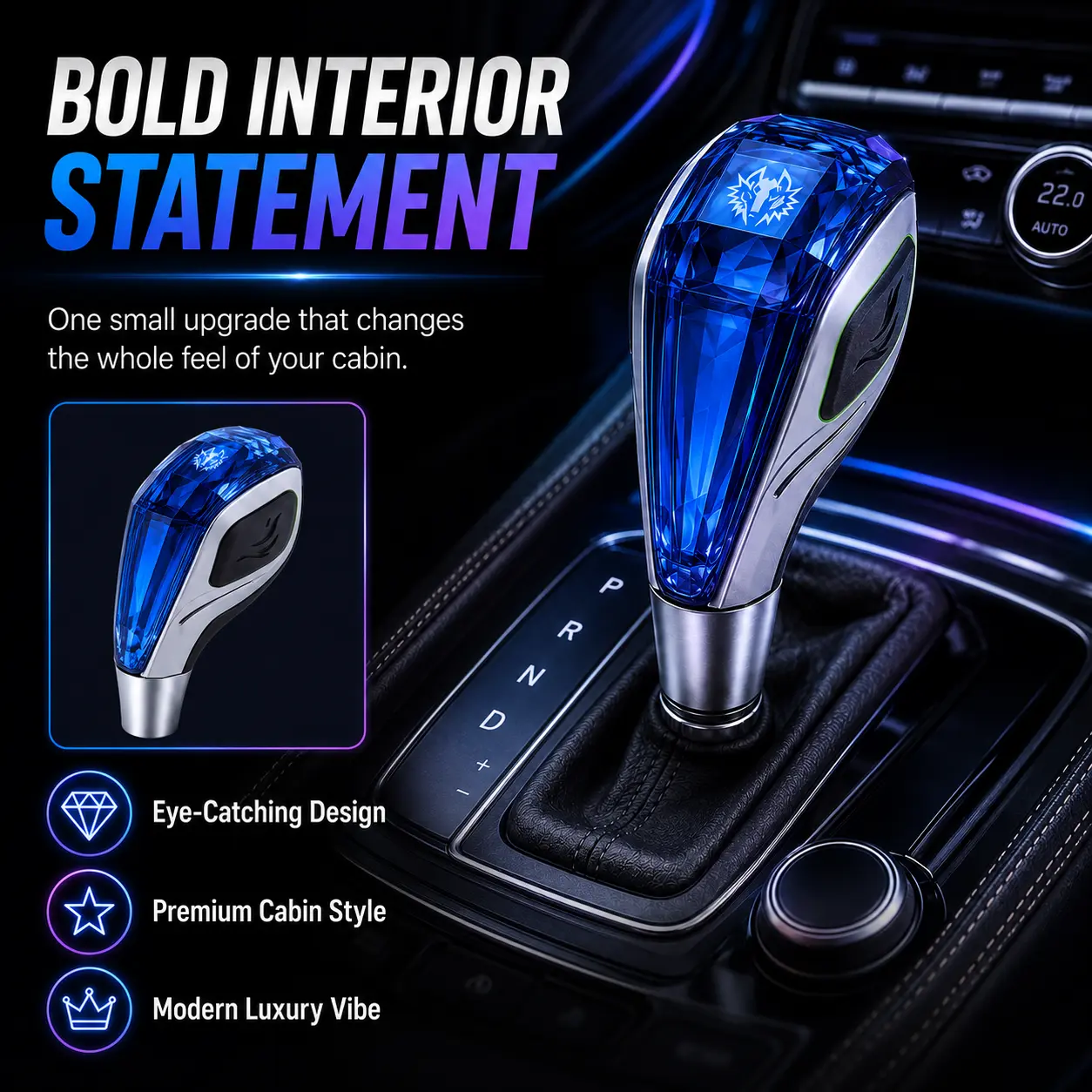 LED Crystal Gear Shift Knob, Touch Activated 7 Color RGB Light Up Shifter Handle, Diamond Cut Gear Lever Knob, Universal Car Interior Ambient Lighting Upgrade Accessory
