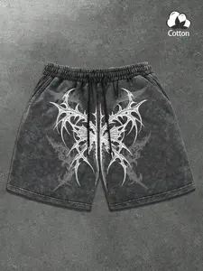 Dark Metal Thorn Butterfly Washed Cotton Graphic Shorts, Fitted Drawstring Waist, Loose Fit, Casual Streetwear, Retro Style