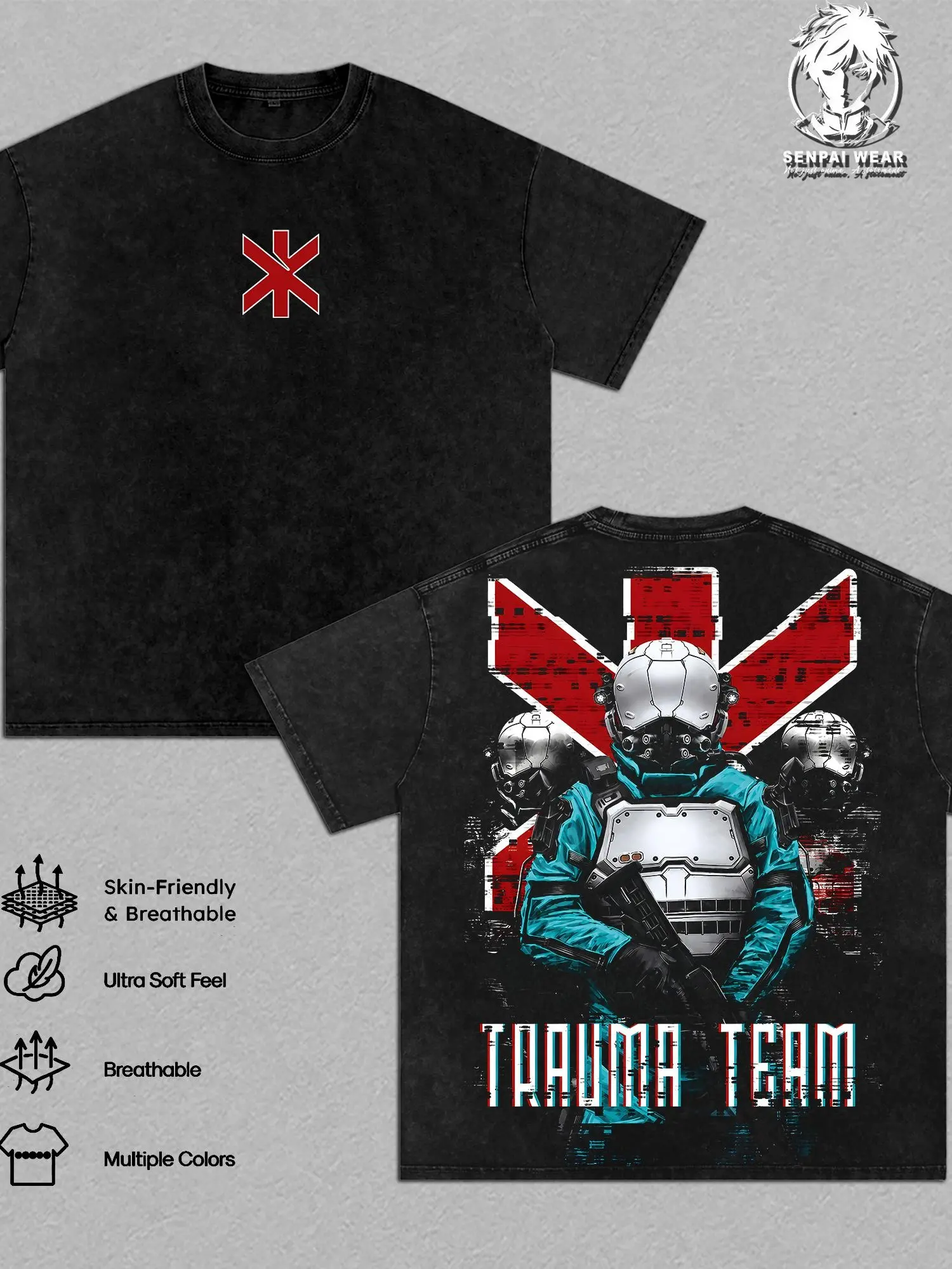 Trauma Team Graphic Tee Vintage Washed Shirt Unisex Streetwear Anime Merch Night City Medics Tee Cyberpunk Edgerunners Season 2 T-Shirt Gift for Anime Lovers Cyberpunk Fans