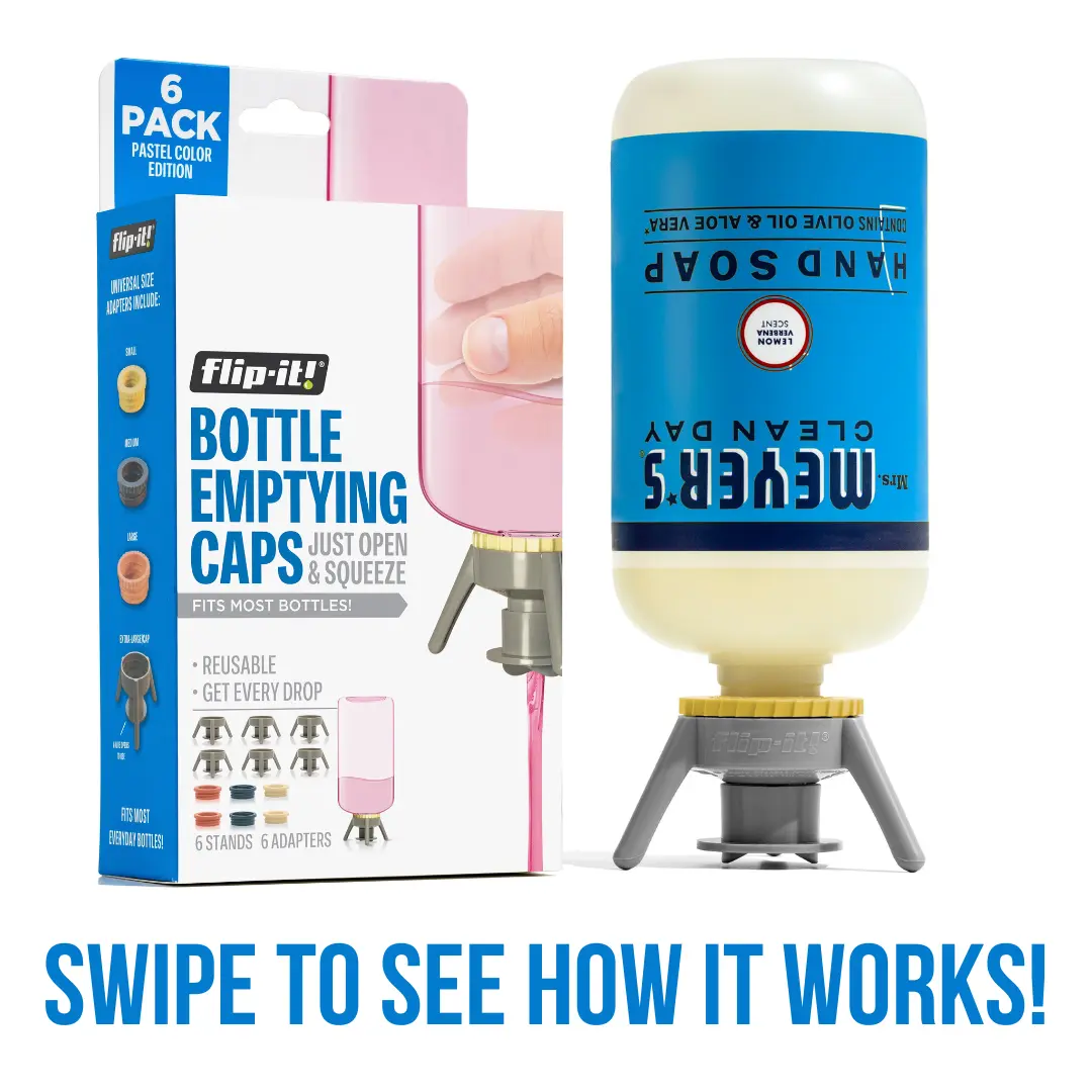 Flip It! Bottle Emptying Caps - 6 Pack - Best Value - Shark Tank - Bottle Emptying Kit with 6 XL Dispensing Stands, 6 Adapters & Reusable Leak Proof Gaskets - Upside Down Bottle Saver for Lotion, Shampoo & Condiments