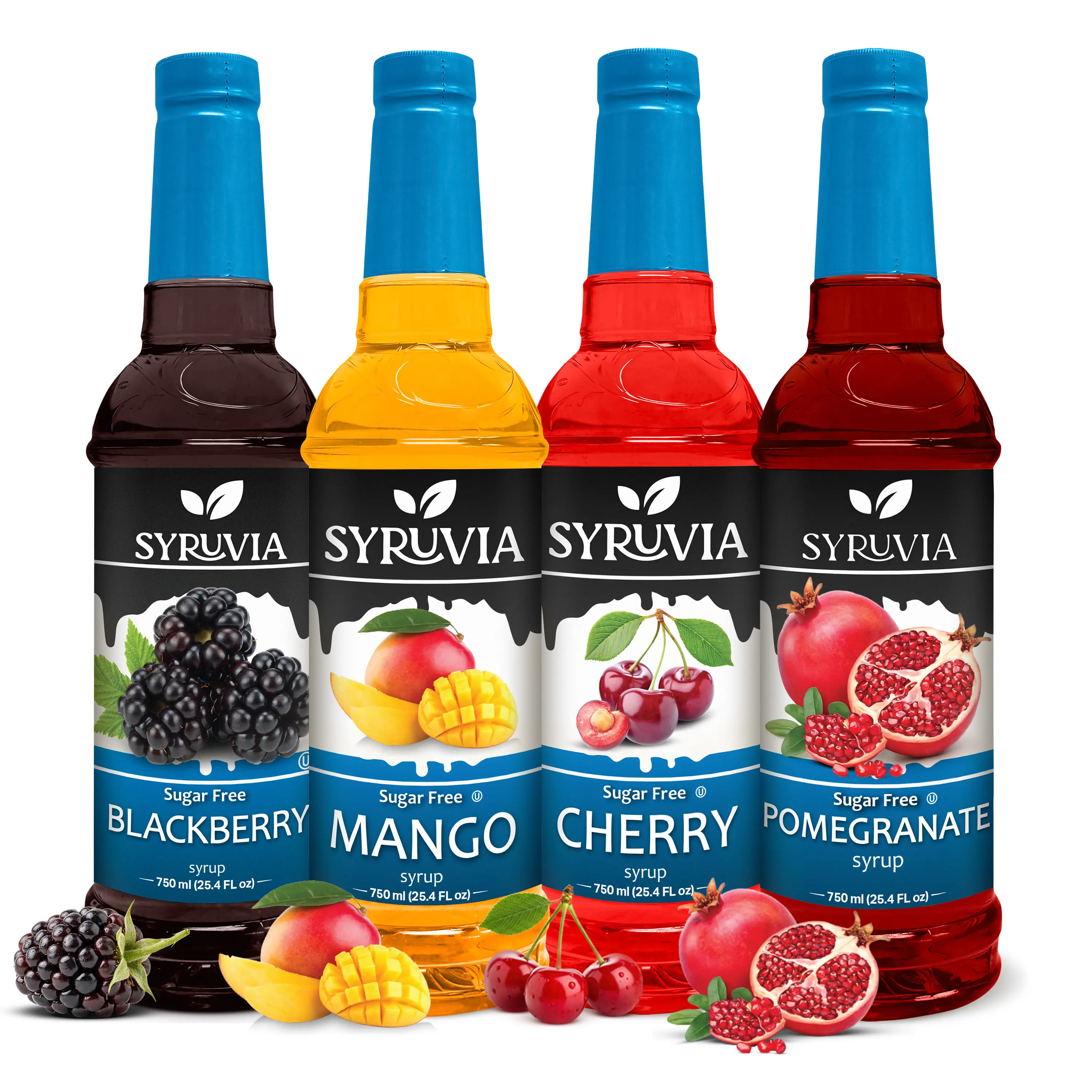 Syruvia Sugar Free Fruit Syrup Variety Pack – Blackberry, Mango, Cherry & Pomegranate – Gluten-Free, Kosher, 25.4 fl oz Bottles – Great for Sodas, Lemonade & Cocktails (4-Pack)