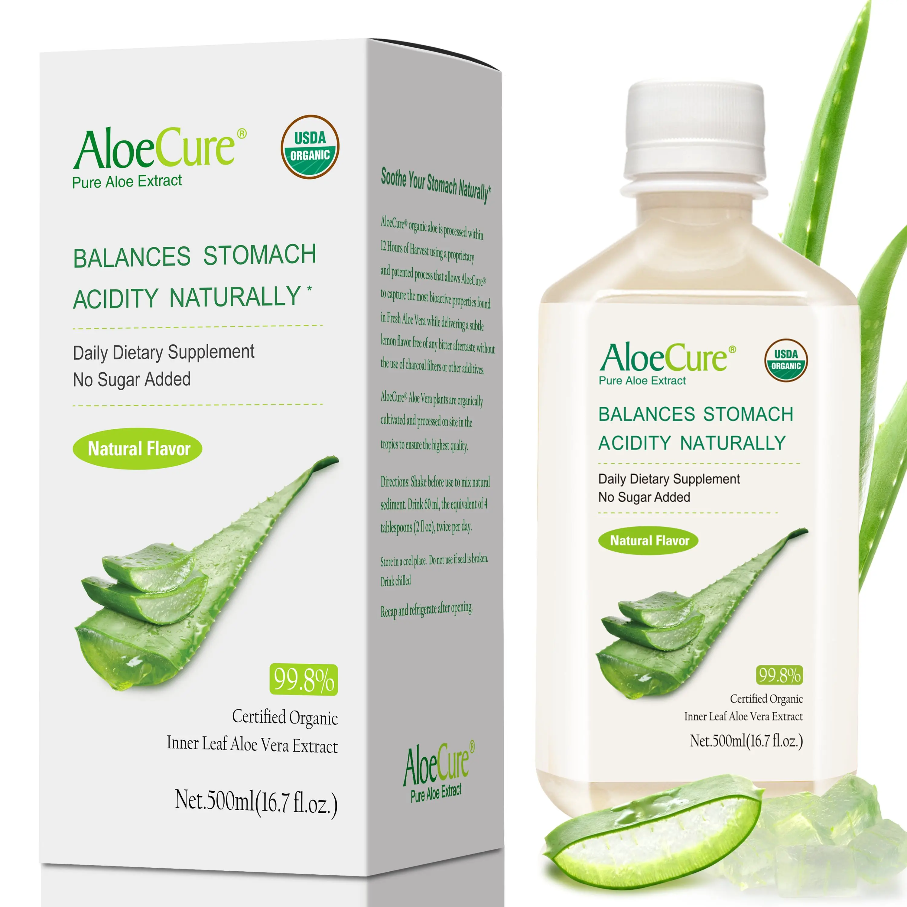 AloeCure USDA Organic Aloe Vera Juice Made Within 12 Hours of Harvest to Capture Maximum Bioactity, Supporting Optimal Digestion, the Immune System and Balanced Stomach Acidity, 500ml Bottle