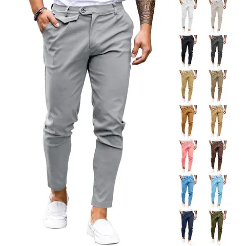 PASLTER Men's 100% Cotton Slim-Fit Flat-Front Stretch Skinny Tapered Chinos - Plain Buttoned Trousers with Pockets, Matching T-Shirt, S/XL Size Guide, Business Casual All-Season Wear, Cold Wash Safe, Great Gift