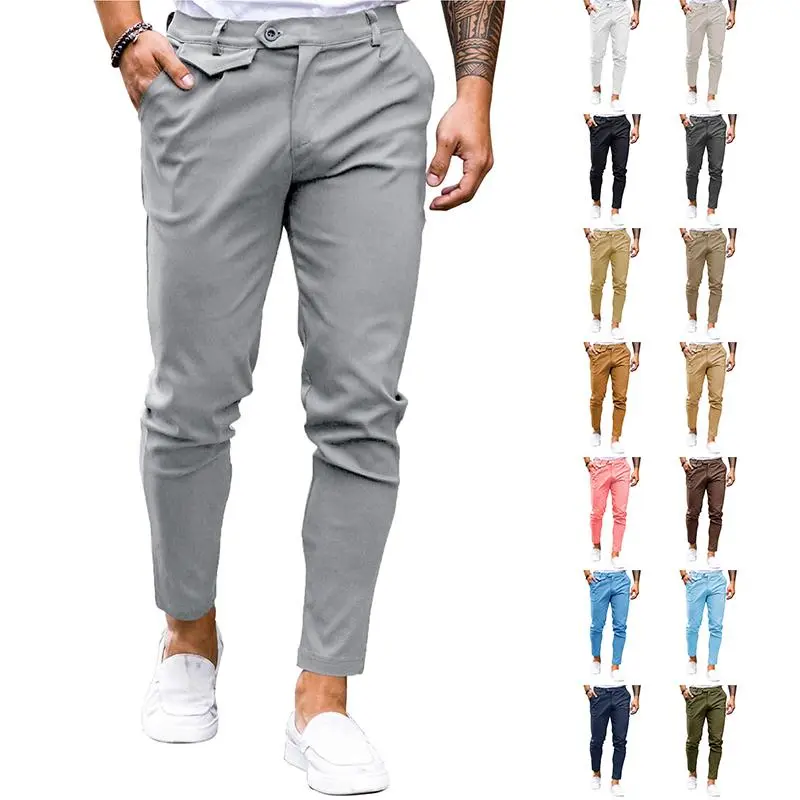 PASLTER Men's Cotton Slim-Fit Chinos, Flat-Front Stretch Skinny Tapered Plain Pants, Casual Comfy Trouser with Pocket, Matching Men's T-Shirt, Men's Clothing