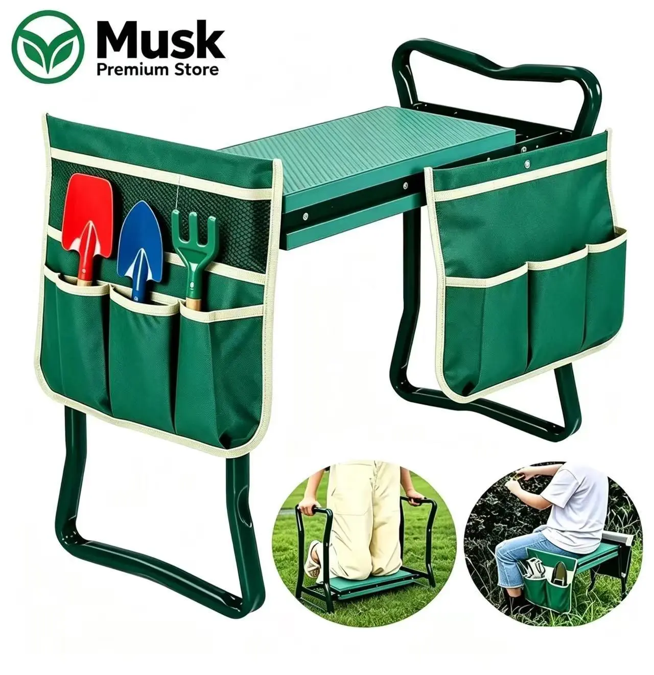 2-in-1 Green Metal Garden Kneeling Stool & Seat, Heavy-Duty Foldable Bench with Tool Pouch, EVA Foam Kneeling Pad, Portable Garden Tool Gear for Gardening & Camping