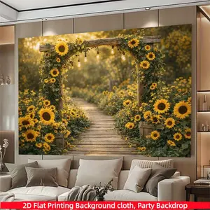 1PC, Sunflower Garden Arch Backdrop, Rustic Wood Fence with Yellow Sunflower Path Theme Photography Background, Polyester Fabric, Suitable for Photo Booth, Party, Birthday, Celebration, and Indoor/Outdoor Home Wall Decor, Party Banner