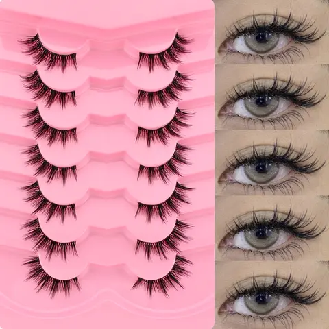 7 Pairs Transparent Half Eye Fluffy False Eyelashes, Fake Lashes, Natural Volume Cross Curl Lightweight Comfortable Cosmetic Makeup Cosplay Anime Cartoon Lenses for Multiple Occasions