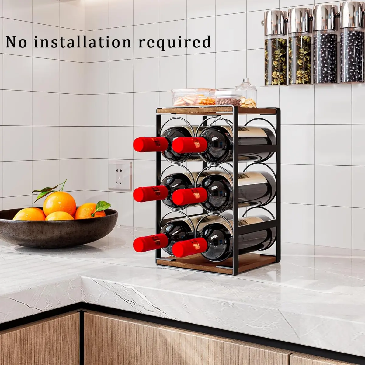 SUOERNUO Sturdy Durable Wood & Metal Freestanding Wine Rack, 6-Bottle Countertop Rack - Black & Rustic Brown Construction, Rust-Resistant Powder Coating, No Assembly Needed for Kitchens, Bars, Wine Cellars