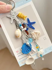 New Starfish Keychain,Keychain For Bags,Ocean Style Star Fish Key Ring Bag Chain Pendant,Starfish Shell Conch Beaded Keyring,Shell & Faux Pearl Decor Keychain,Car Beach Bag Hanging Ornament