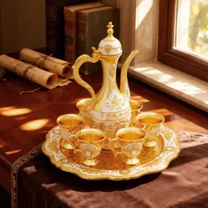 Antique Style Turkish Tea Set - Gold-White Die-Casting Polished, Multi-Functional for Tea & Wine, 1 Teapot + 6 Teacups + 8.45Oz Tray, Ideal Wedding Gift, Teacup