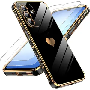 Phone Case: 3 PCS[1X Phone Case and 2X Screen Protectors] Phone Case Suitable for Samsung Suitable for Galaxy A55 A56 A36 A35 A34 A54 A53 A17 A16 A15 A14 A52 A37 A57 A26, Electroplating Side Love-Heart Luxury Soft Camera Protection Bumper Shockproof