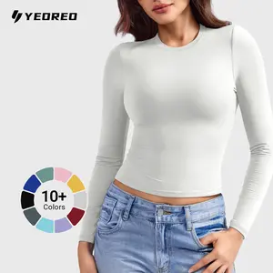 YEOREO Long Sleeve Shirts for Women y2k Tops Double Lined Basic Tee Crew Neck Going Out Sweeney Workout Undershirt