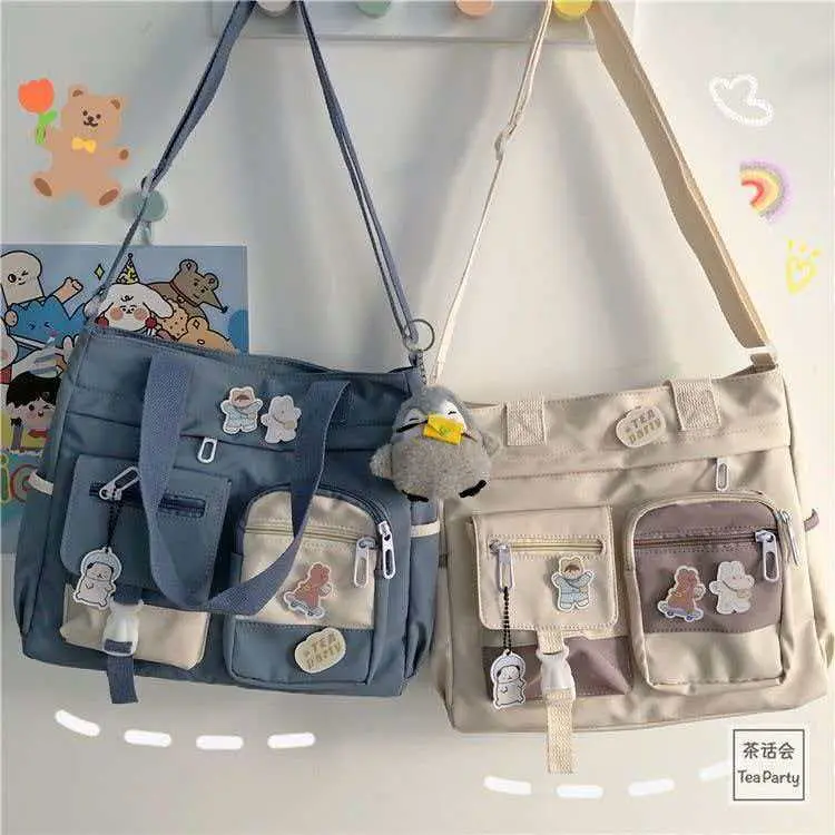 Women's Casual Cross-Body Messenger Bag, Solid Plain Waterproof Nylon Tote with Adjustable Strap for a Preppy Look, Messenger Bags, Cross-Body Strap, Rain‑Ready