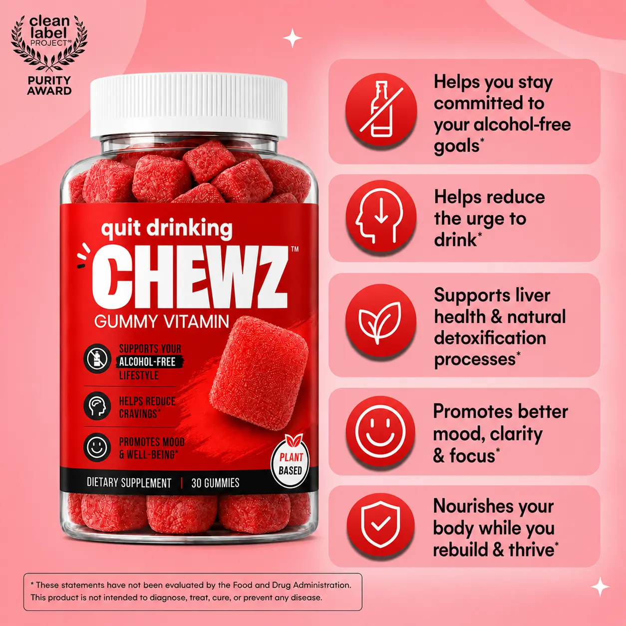 CHEWZ Quit Drinking Gummy, Support Your Alcohol-Free Choice, Break the Crave, Natural Relaxation, Plant Based, Daily Balance & General Wellbeing