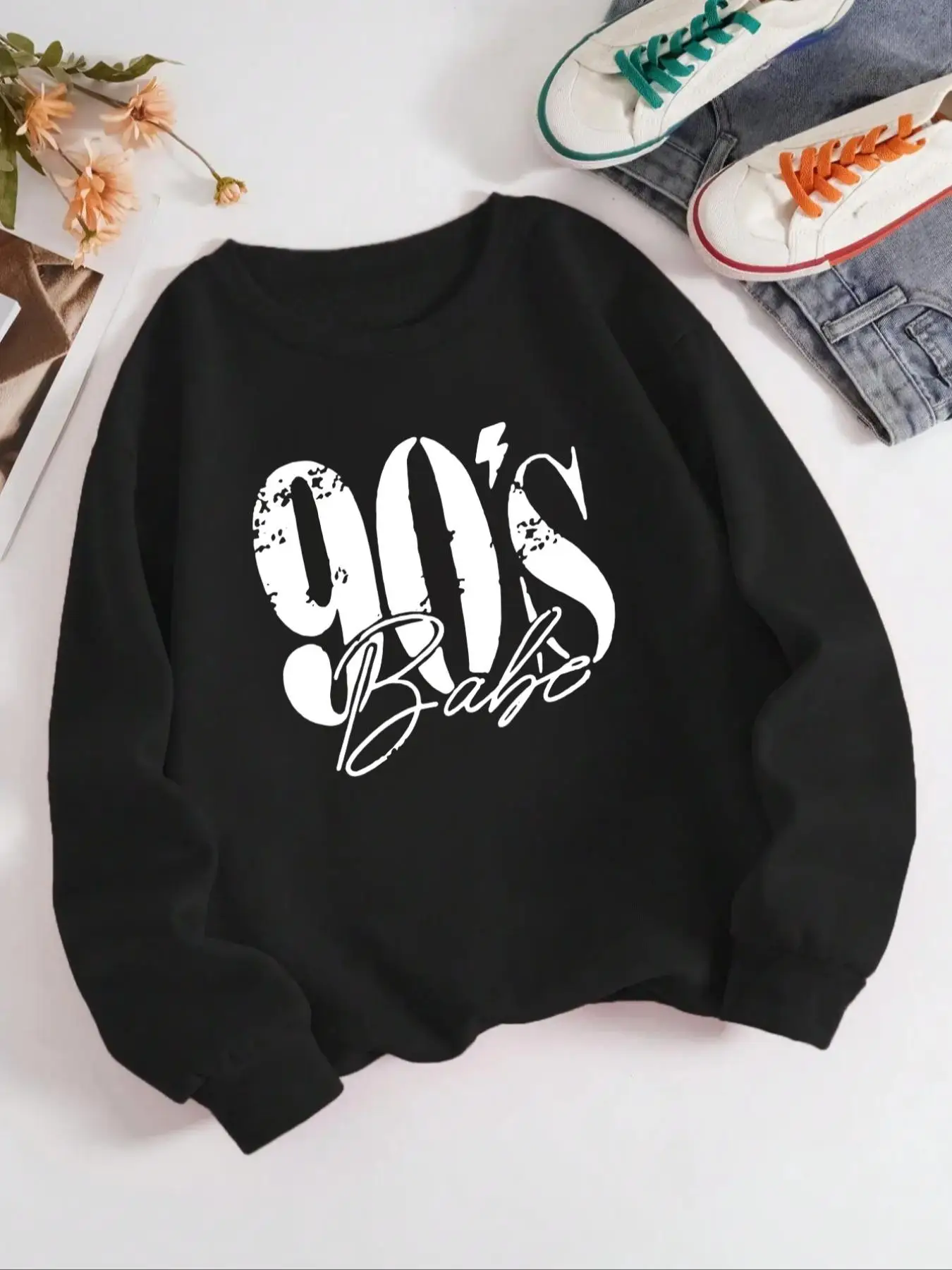 Women's Women's Number Print Drop Shoulder Sweatshirt, Fashion Casual Long Sleeve Crew Neck Pullover for Spring & Fall, Women's Clothes for Daily Wear