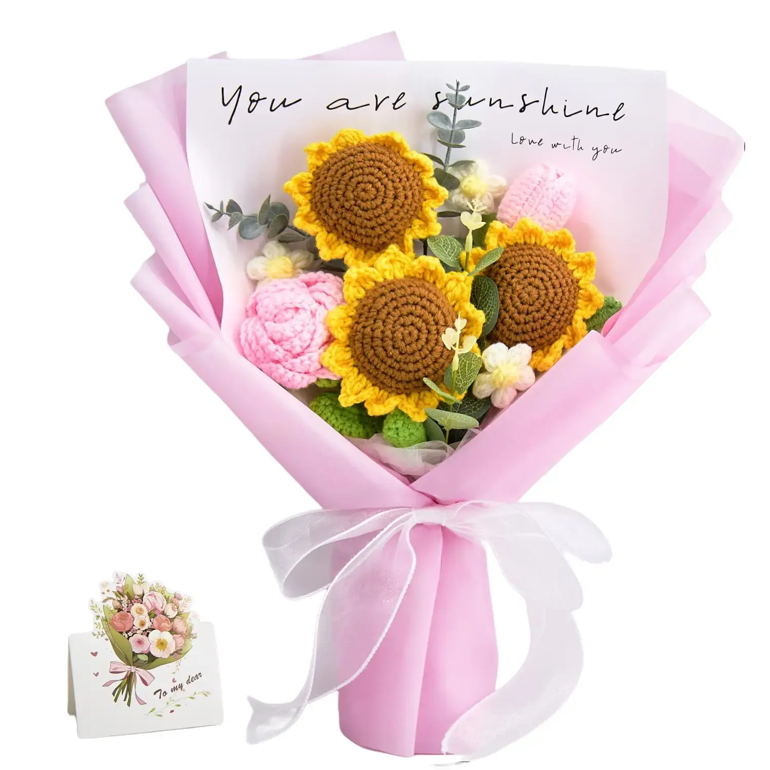 YShomy Handmade Crochet Flowers Bouquet Back to School Gift Teacher Gift Student Gift for Girlfriend Birthday Wedding Anniversary Just Because Graduation Gift with Sunflowers Pink Rose Tulip Forever Flowers Greeting Card US Fast Shipping
