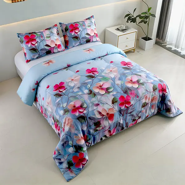 2/3pcs Floral Comforter Set - Soft Light Blue Bedding with Pink Red Flower Print, All Seasons Microfiber Bed Set with 1 Comforter and 1 or 2 Pillowcases, Queen Size