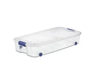 Sterilite 66 Qt Ultra Storage Box, Clear Underbed Bin, Wheels, Blue Latch