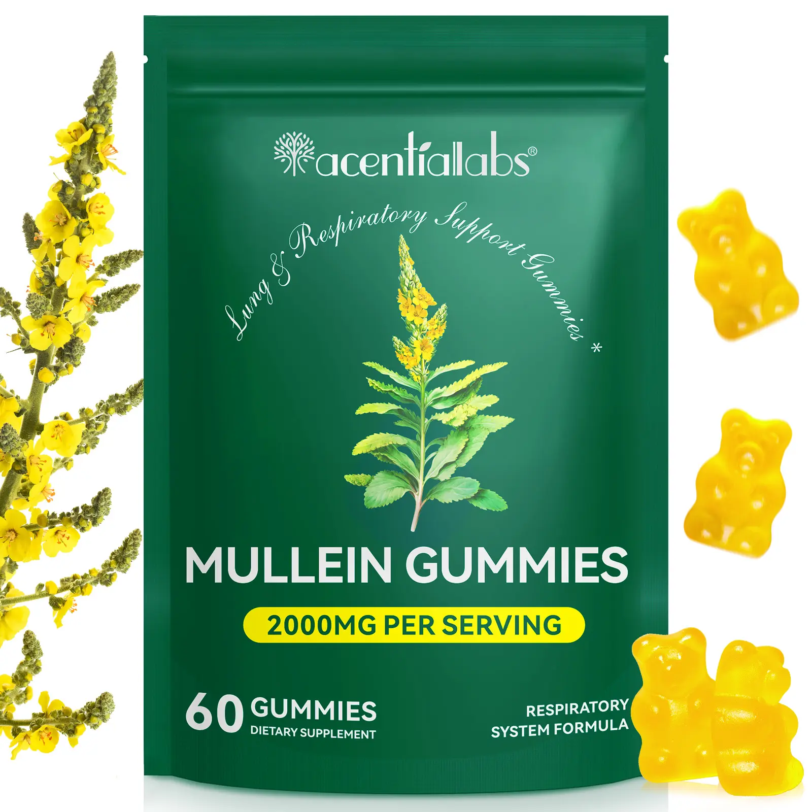 Acentiallabs Edible Mullein Gummies - Natural Formula Sugar-Free Dietary Supplement for Mullein Lung Detox, Lung Cleanse, Respiratory Support, Clear Mucus & Better Breathing (Vegan) summerwins