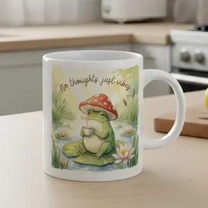 "No Thoughts Just Vibes" Frog Coffee Mug – 11oz/15oz, Original Valentine's Day Gift for Lady, Husband & Coffee Lovers, Unique Puffco Style, Microwave & Dishwasher Safe, Eco-Friendly Ceramic, Non-Toxic
