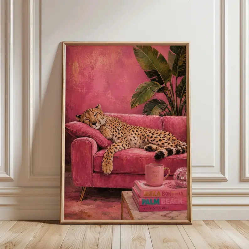 Cheetah Wall Art, Luxury Pink Print, Sleepy Leopard Glam Animal Print Maximalist Decor