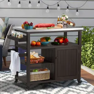 AHB Movable Outdoor Grill Table - Solid Wood Storage Cabinet with Stainless Steel Top, Rolling Kitchen Island & Patio Bar Cart for Backyard, Garden, 2 Doors Design for Easy Storage