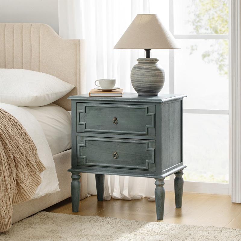 Hulala Joah 28"Tall Farmhouse 2-Drawer End Table with Built-in Charging, Farmhouse and Transitional Styles, Rustic Elegance, Convenient Charging Station, Round Ring Pulls, Spindle Legs with Cushioned Feet, Solid Wood Construction